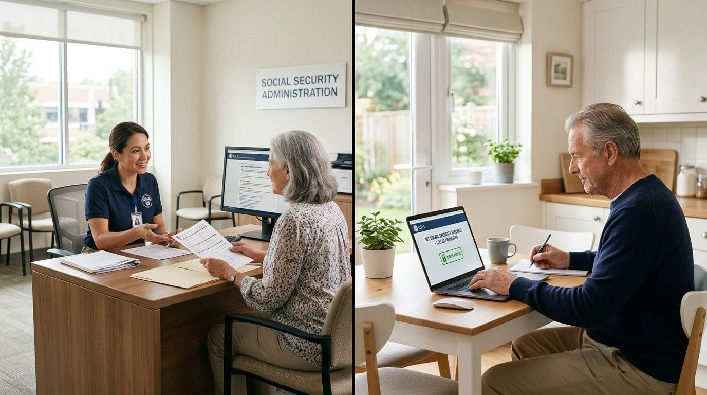 People interact with Social Security services, both at an office and online from home.