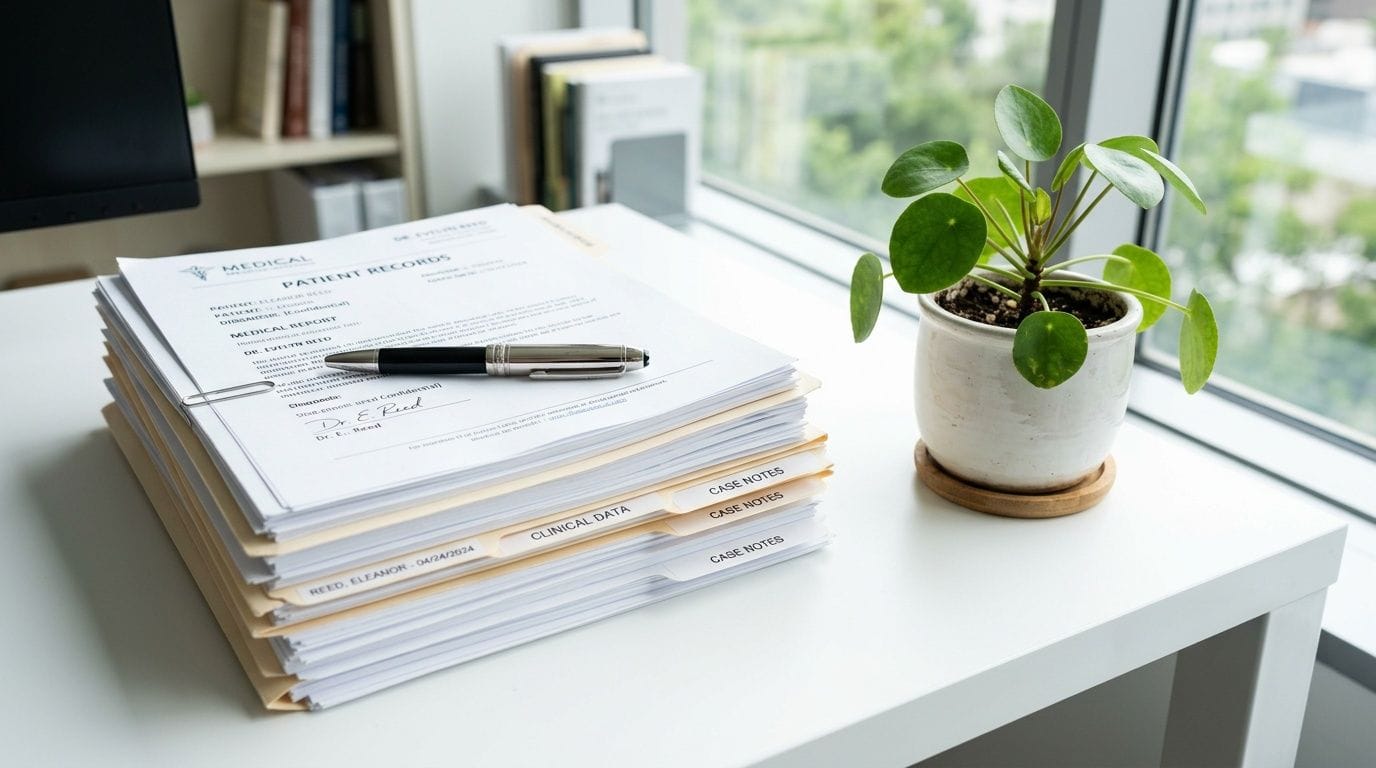 A stack of medical patient records with a pen and a small potted plant on a white desk.
