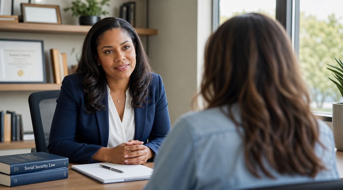 A professional attorney listens carefully to her client during a legal consultation about Social Security disability claims.