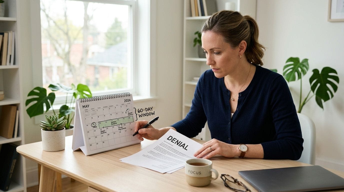 A woman reviewing a denial letter at her desk with a calendar showing a 60-day window deadline.