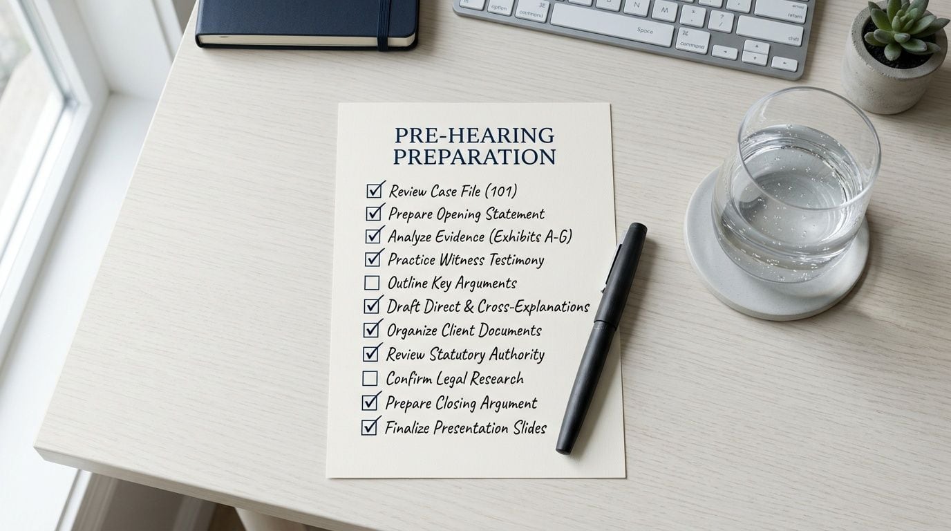 A checklist labeled Pre-Hearing Preparation on a desk next to a pen, water glass, and keyboard.