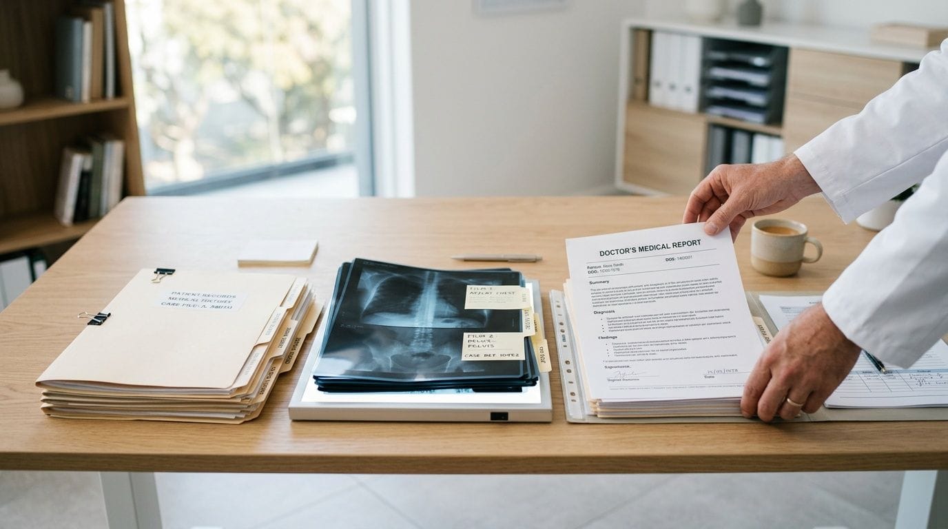 A doctor reviews a patient medical report and x-rays on an office desk in a clinic.