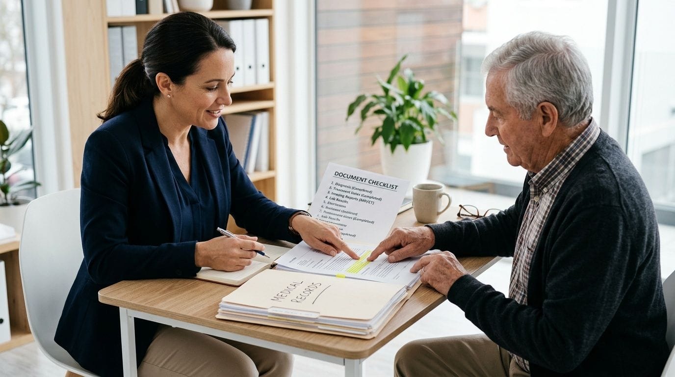 A professional advisor reviews medical records and a document checklist with an elderly man at a desk.