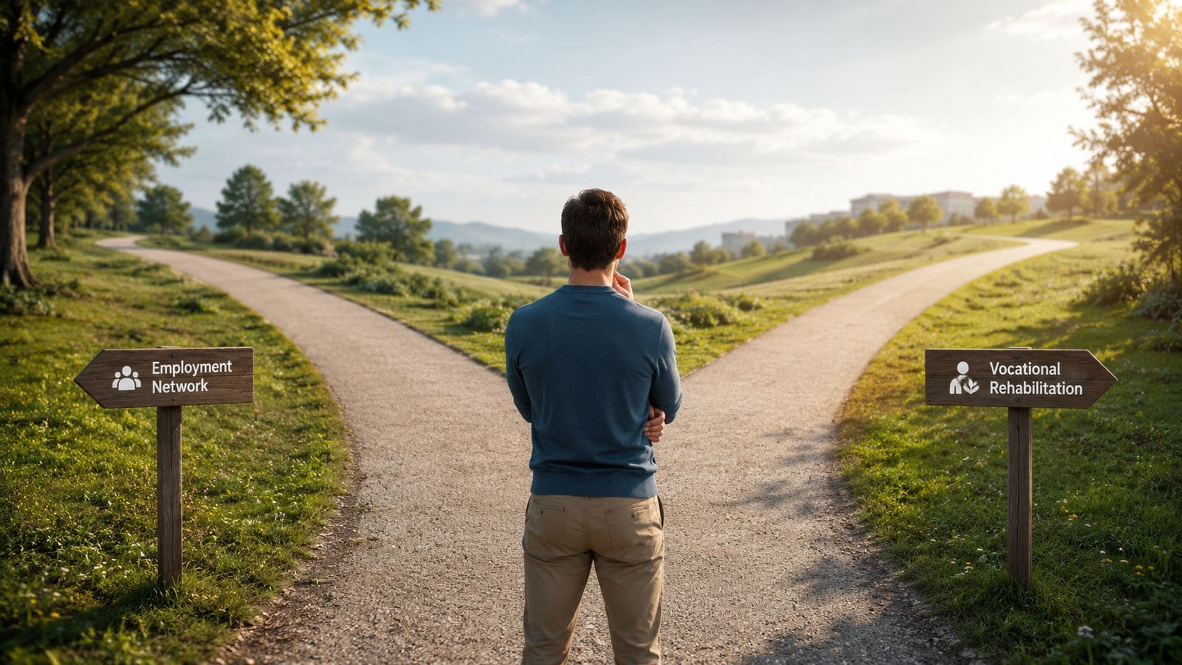 A man standing at a fork in the path choosing between Employment Network and Vocational Rehabilitation signs.