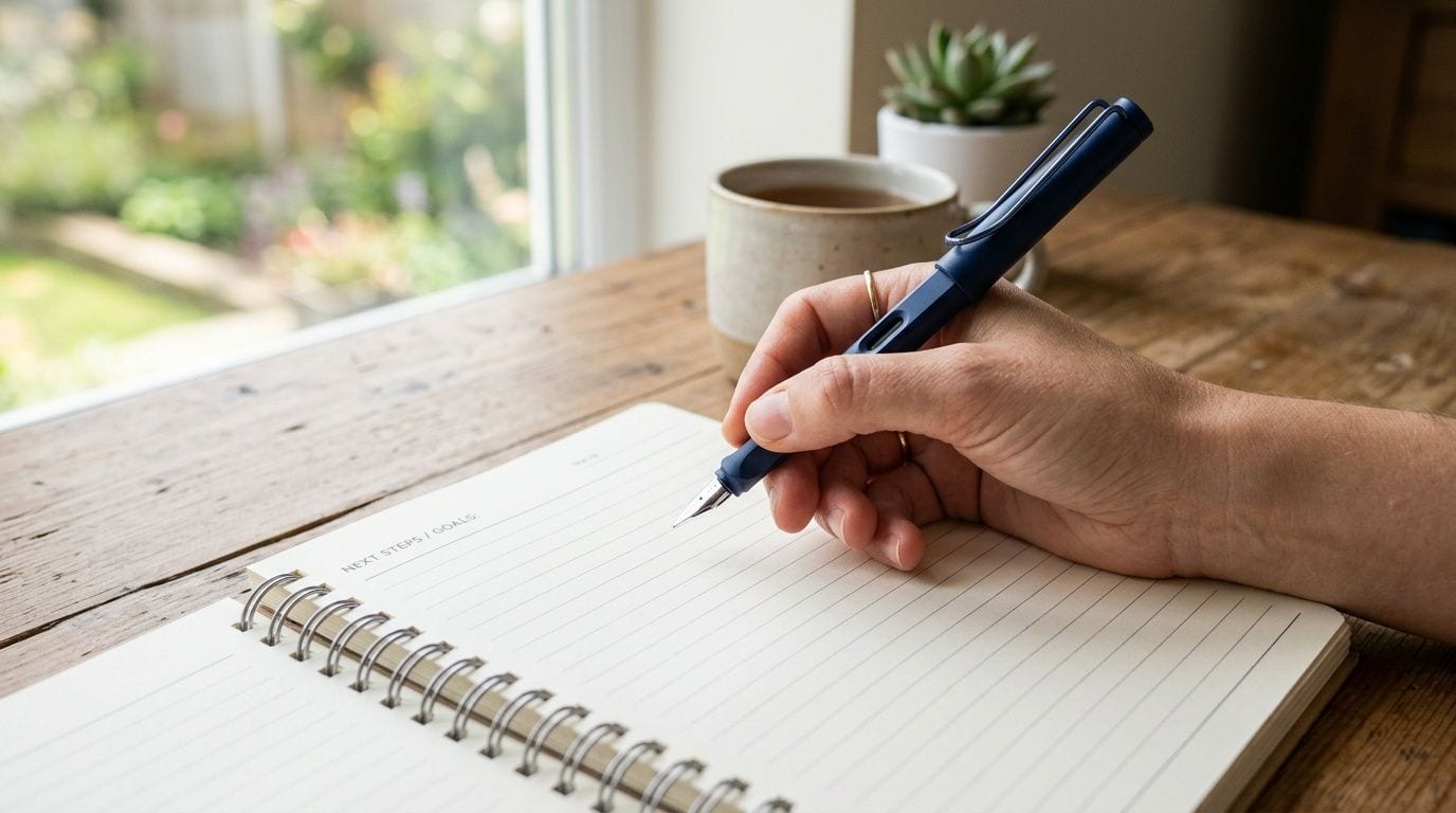 A person writing in a lined notebook with a navy blue fountain pen on a wooden table.