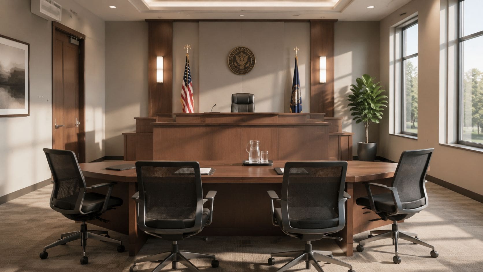 A formal, empty administrative law courtroom featuring a judge's bench, flags, and a wooden conference table with chairs.