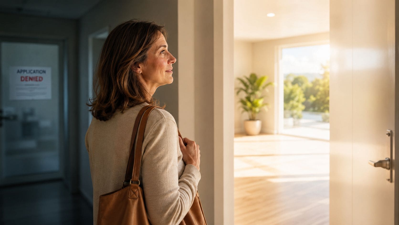 A woman looks toward a bright, sunlit room while standing near a sign that says Application Denied.