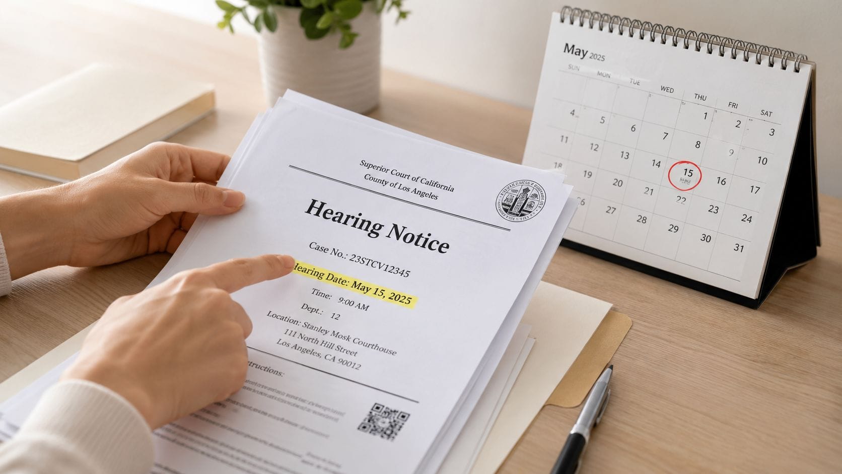 A person holds a court hearing notice with the date highlighted alongside a calendar for May 2025.