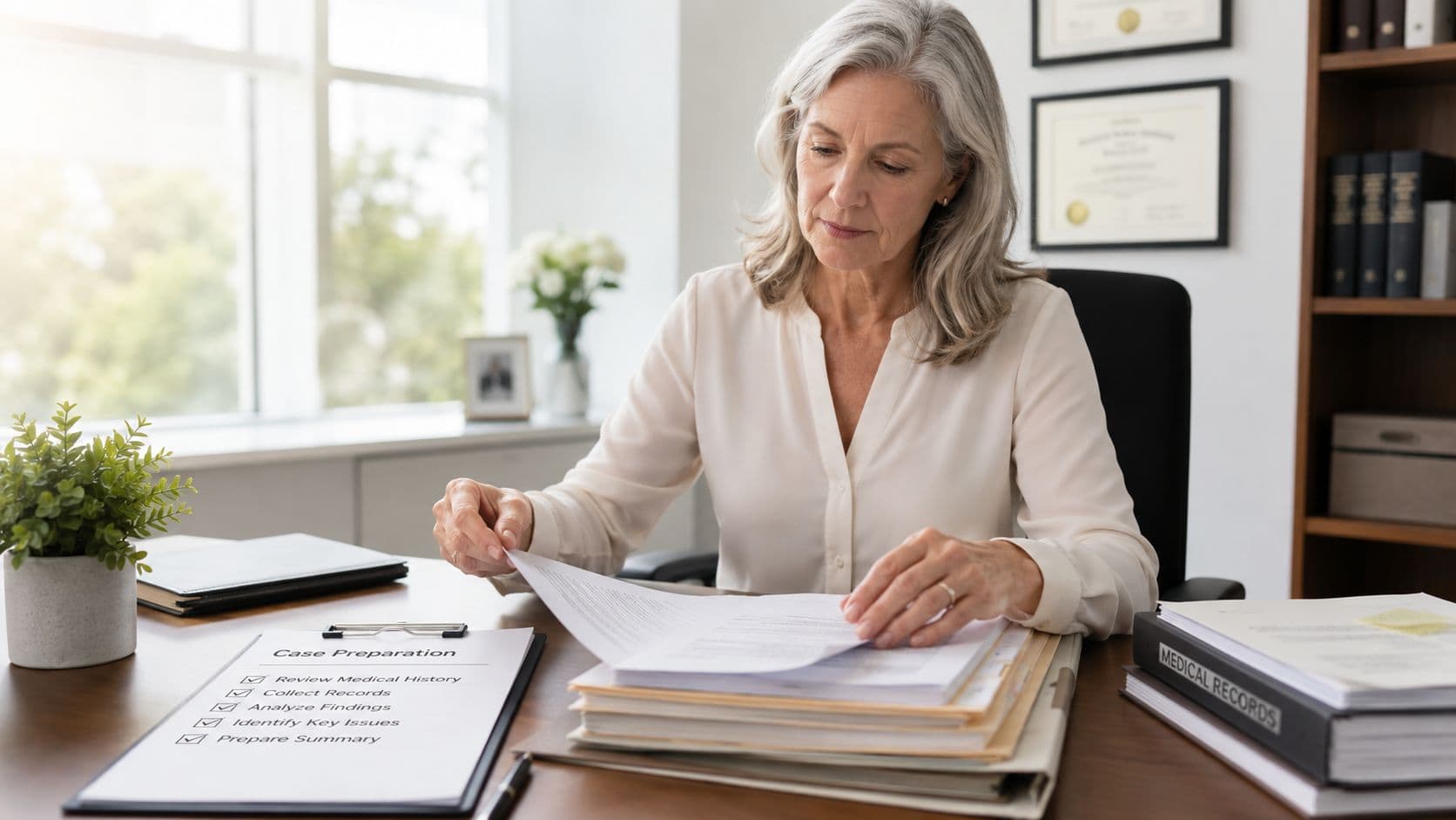 A professional woman in an office reviewing legal documents related to case preparation and medical records.