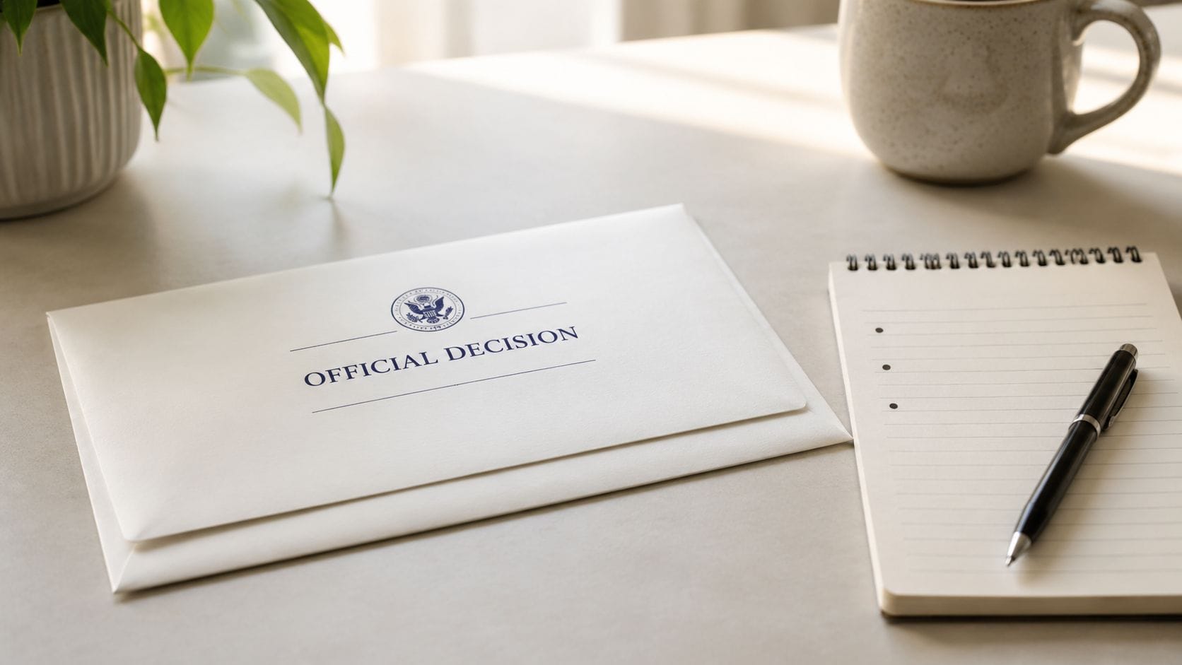 A professional desk setting featuring an official government envelope, a notebook, and a pen for administrative decisions.