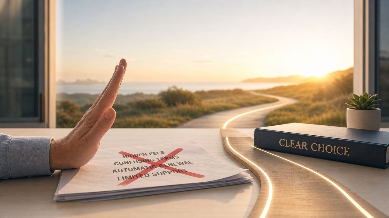 A hand gestures to stop unethical business practices like hidden fees, with a book labeled Clear Choice nearby.