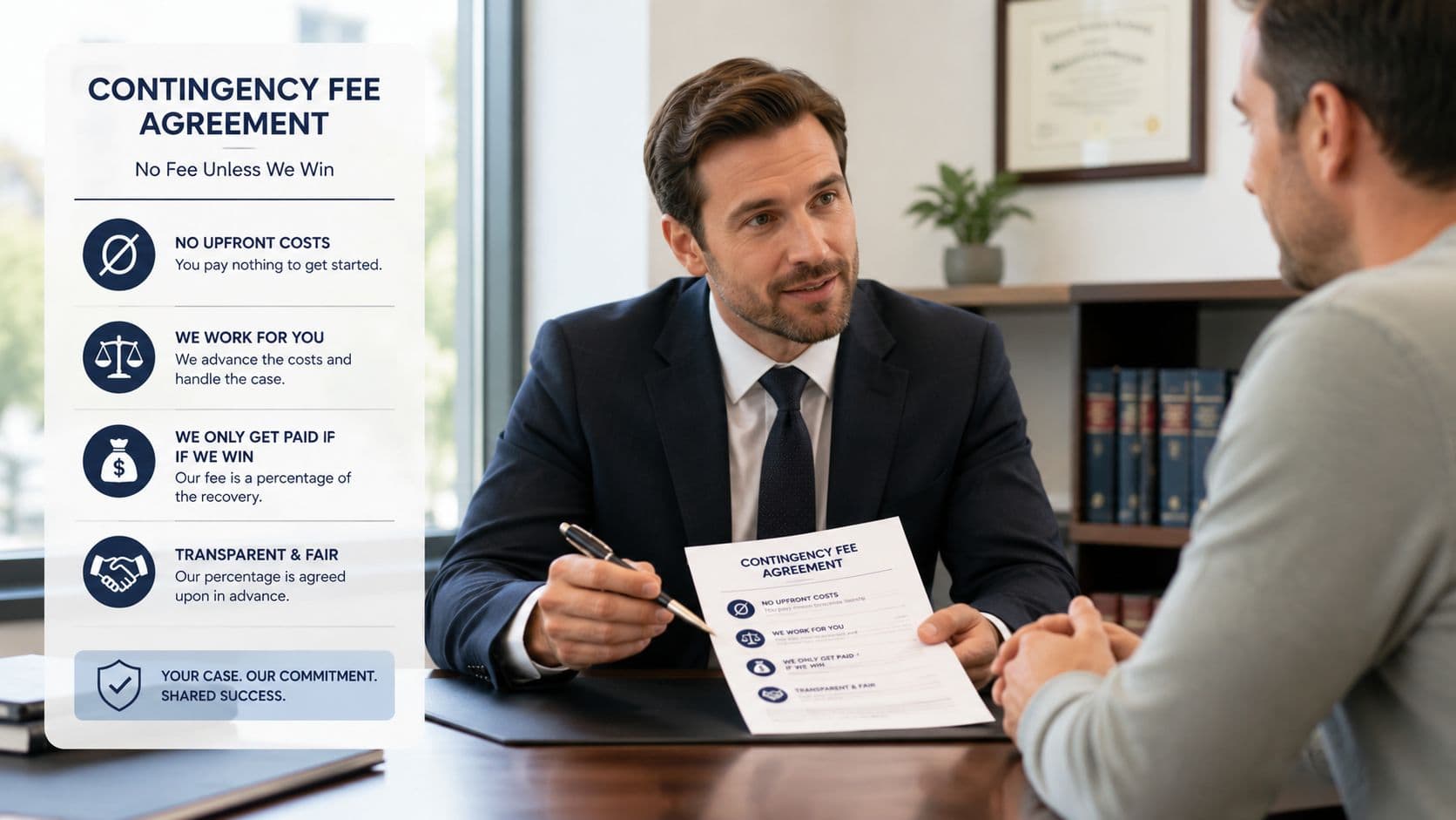 A professional attorney discussing a contingency fee agreement with a client in a modern law office.