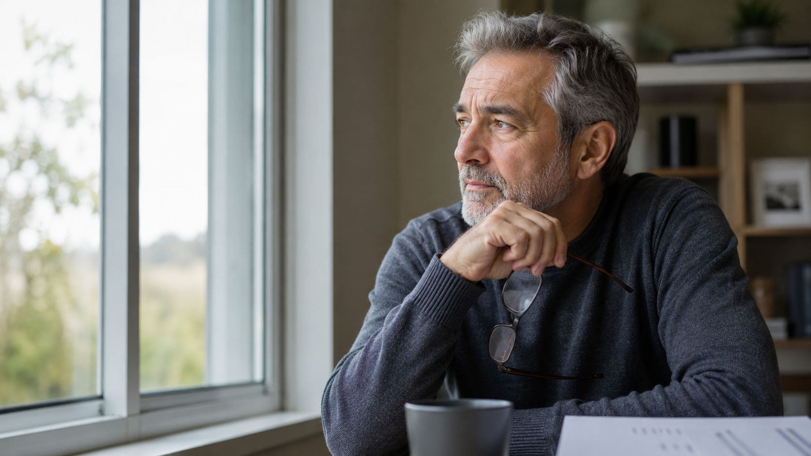 A pensive middle-aged man with gray hair looking out of a window while holding his eyeglasses.