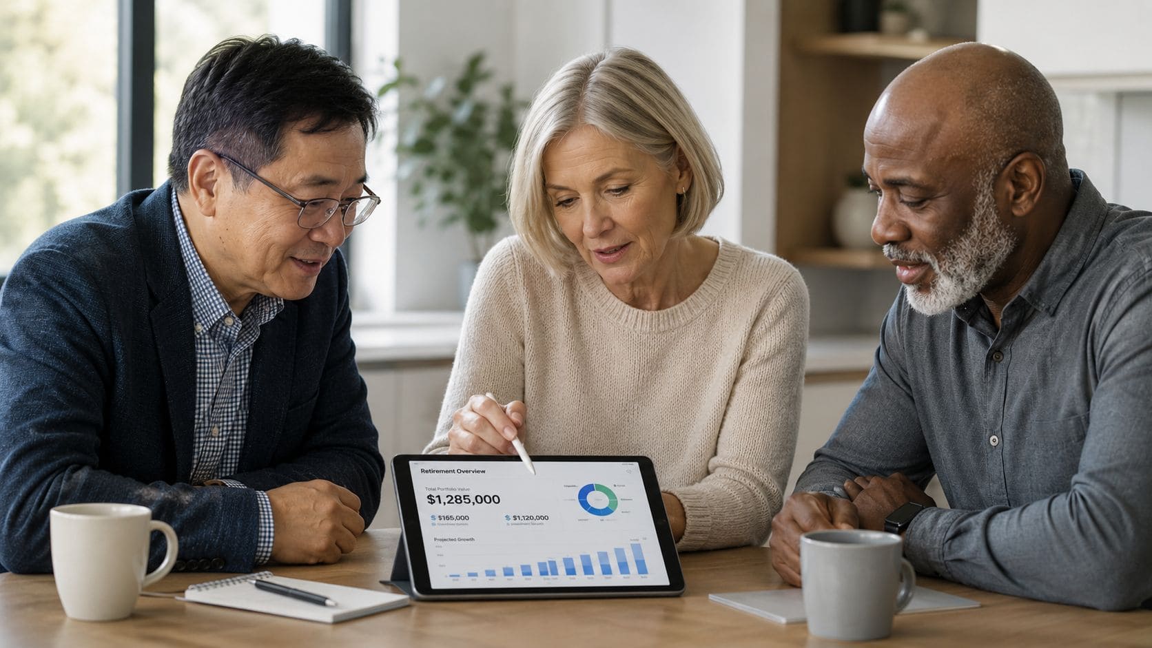 A professional financial advisor discusses retirement portfolio options with an older couple around a tablet device.