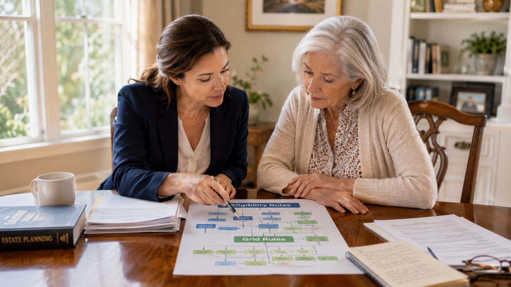 A professional financial advisor explains complex eligibility rules to an elderly woman using an informational chart.