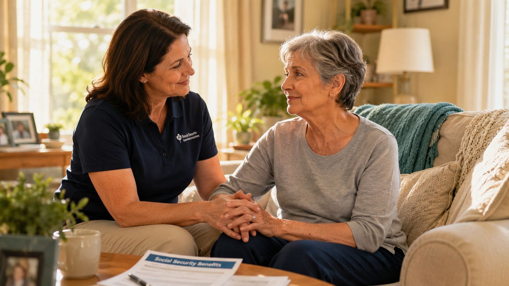 A supportive caregiver sitting on a sofa and holding hands with a senior woman while discussing benefits.