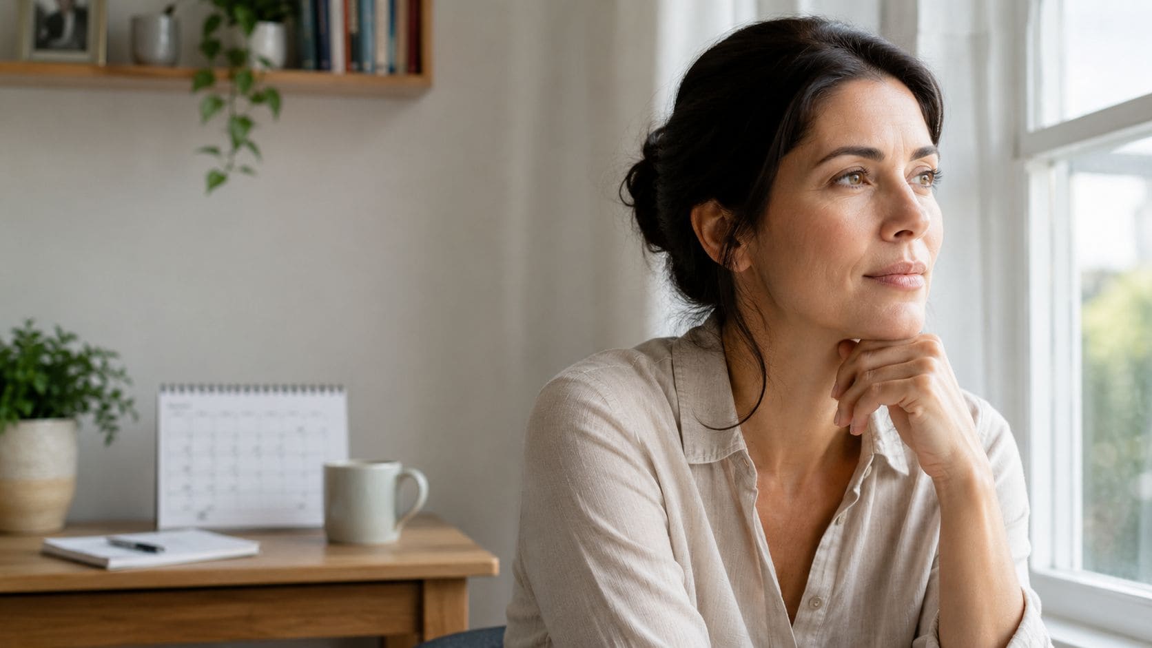 A contemplative woman sitting by a window, reflecting on her future while planning at her desk.