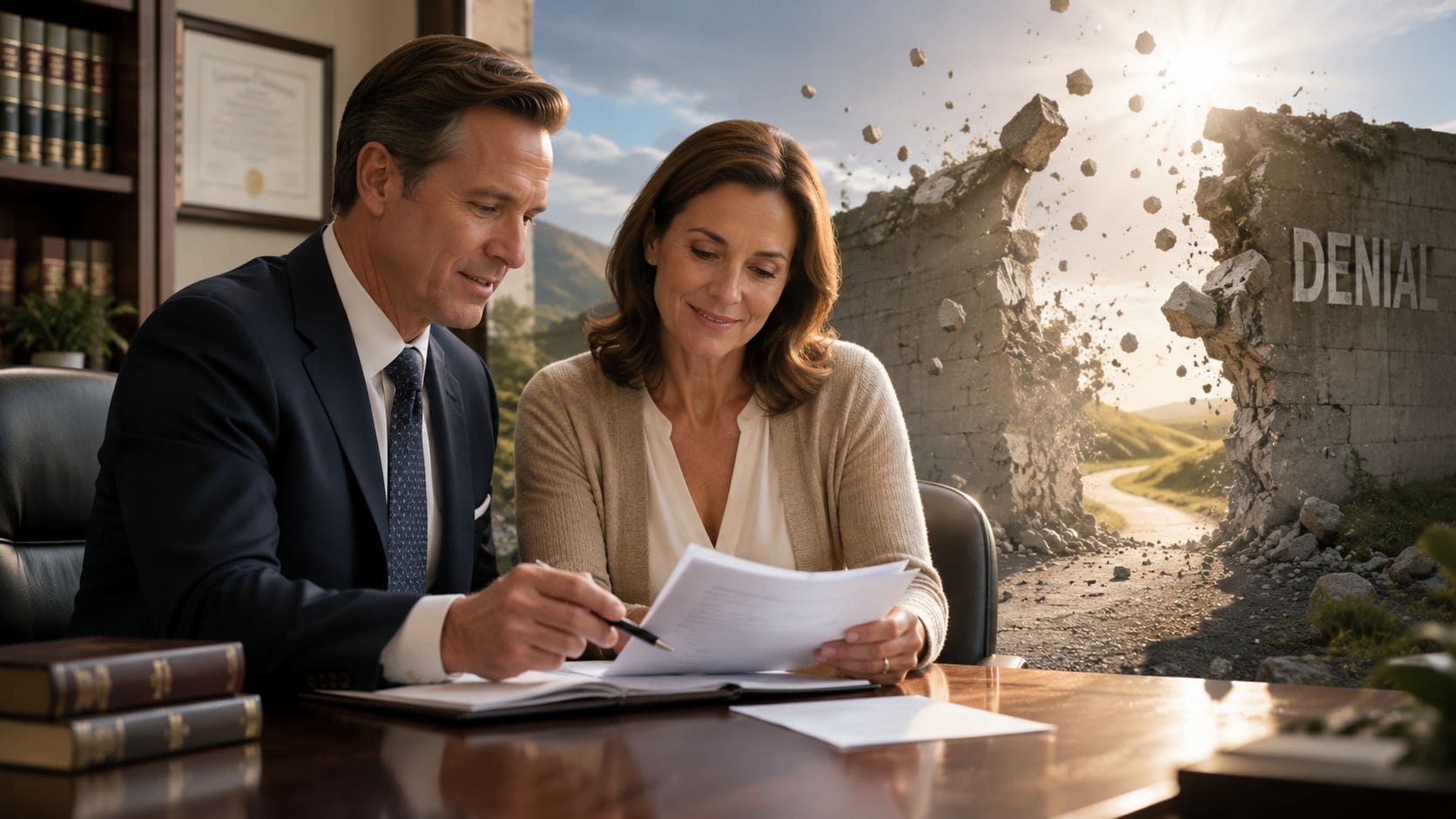 A professional attorney and client reviewing legal documents with a wall representing denial breaking apart.