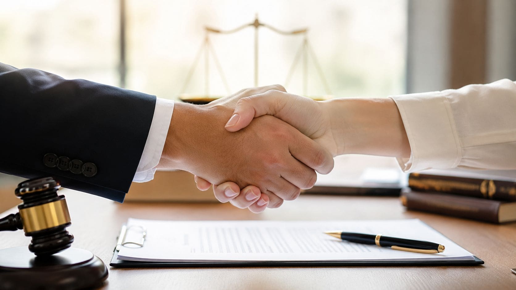 A professional handshake between a lawyer and a client over legal documents in an office setting.