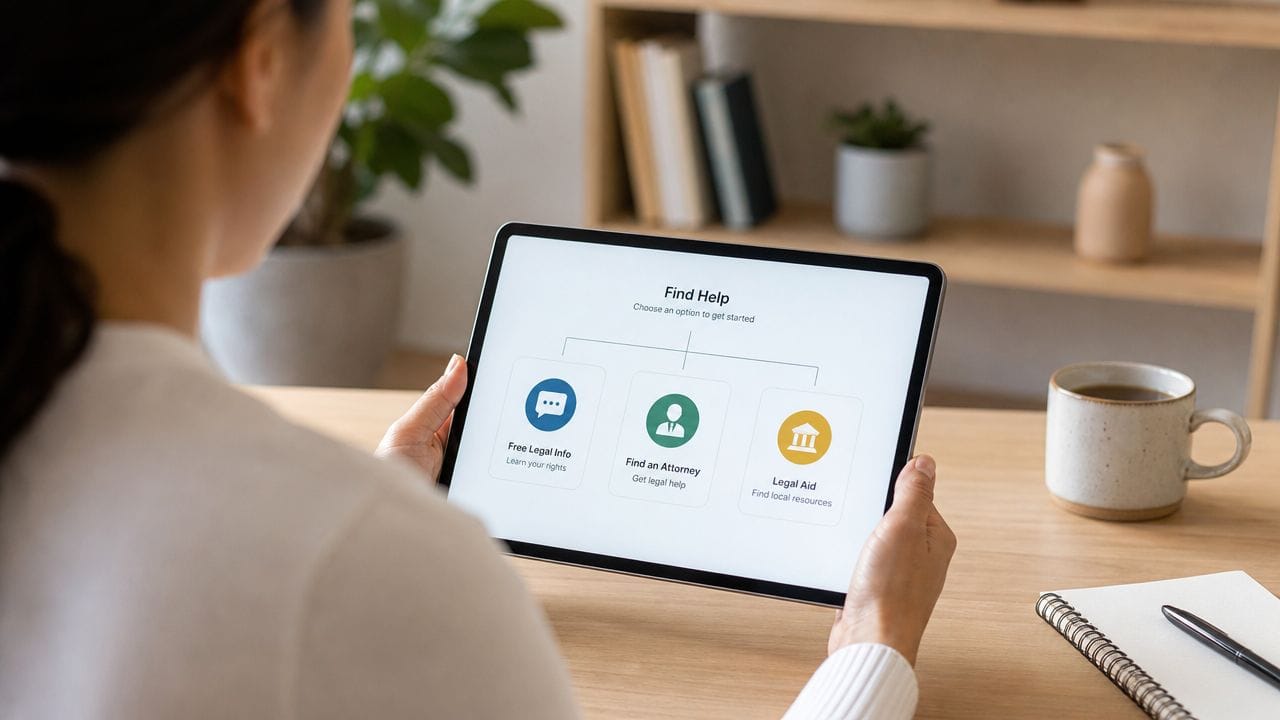 A person holding a tablet showing a Find Help menu with options for legal information and assistance.