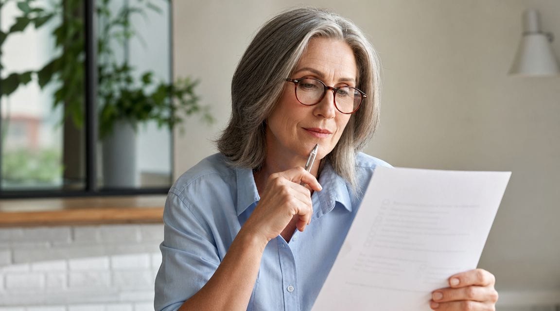 A professional middle-aged woman with glasses pensively reviewing a document while sitting at a desk.