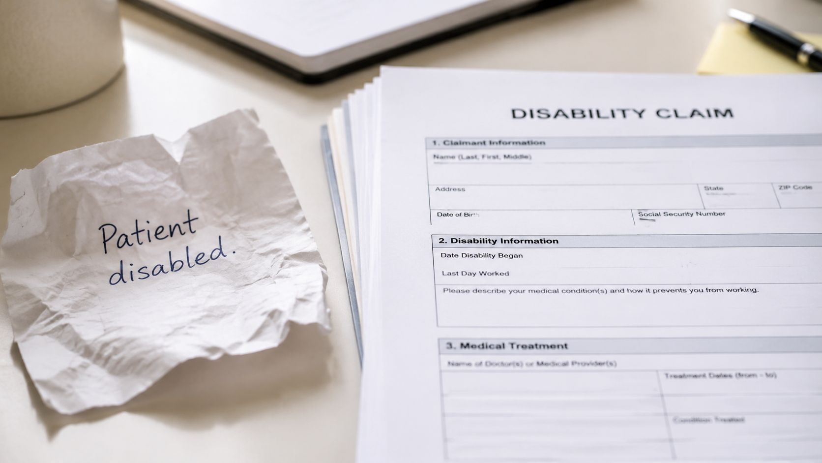 A Disability Claim form lies on a desk next to a crumpled note reading Patient disabled.