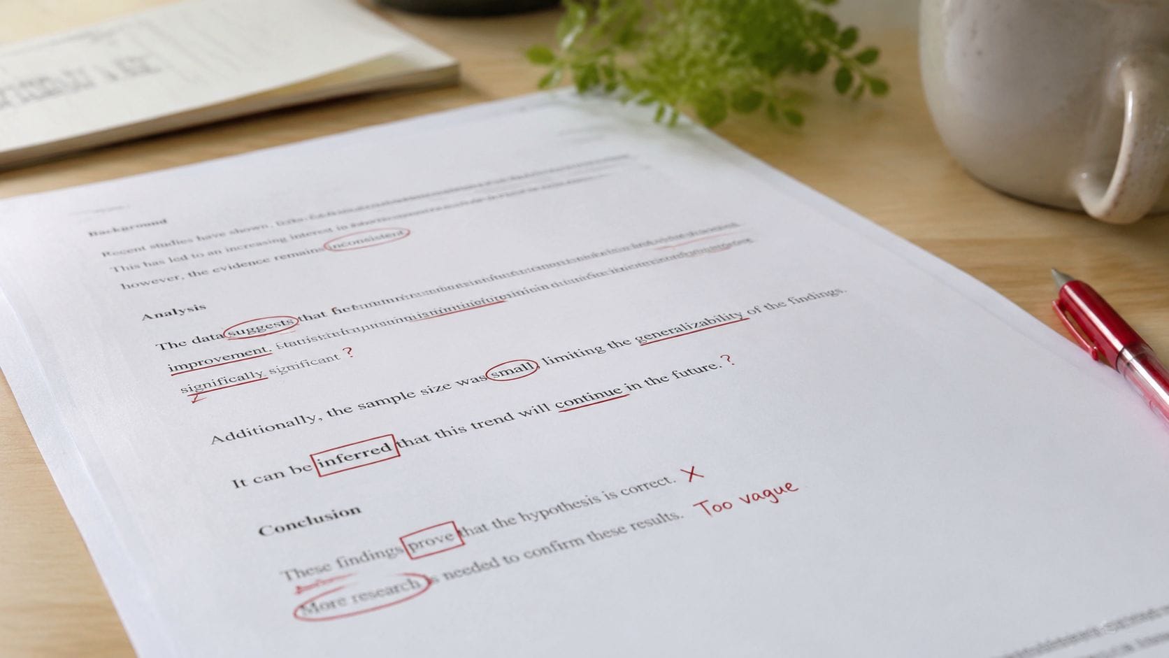 A printed document on a desk with red editing marks and corrections made with a red pen.