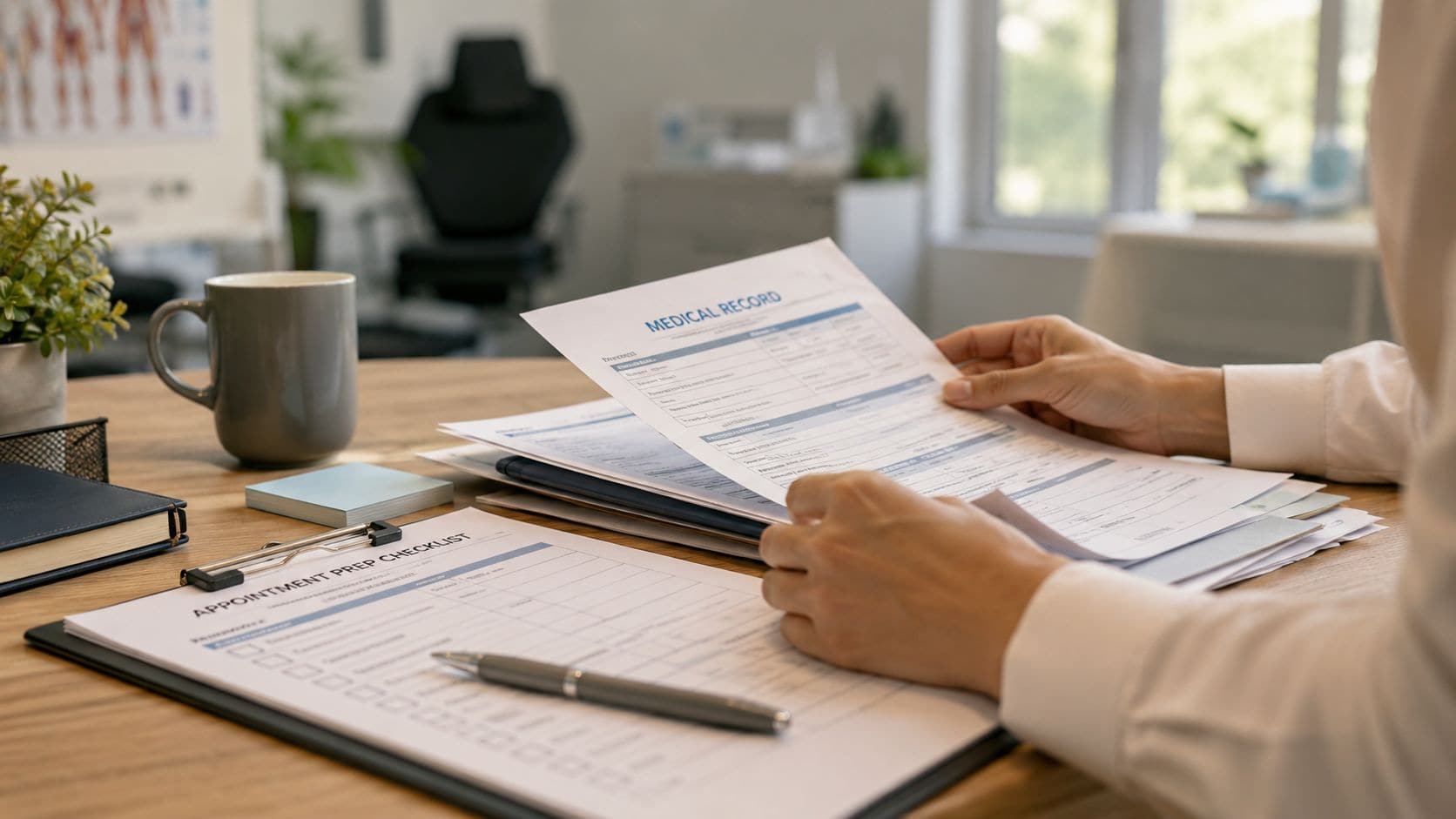 A doctor in a white shirt reviews medical record paperwork while sitting at a wooden office desk.