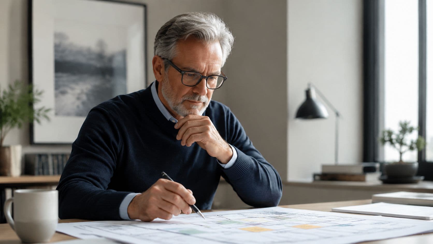 A professional man with gray hair wearing glasses, reviewing building floor plans at his desk.