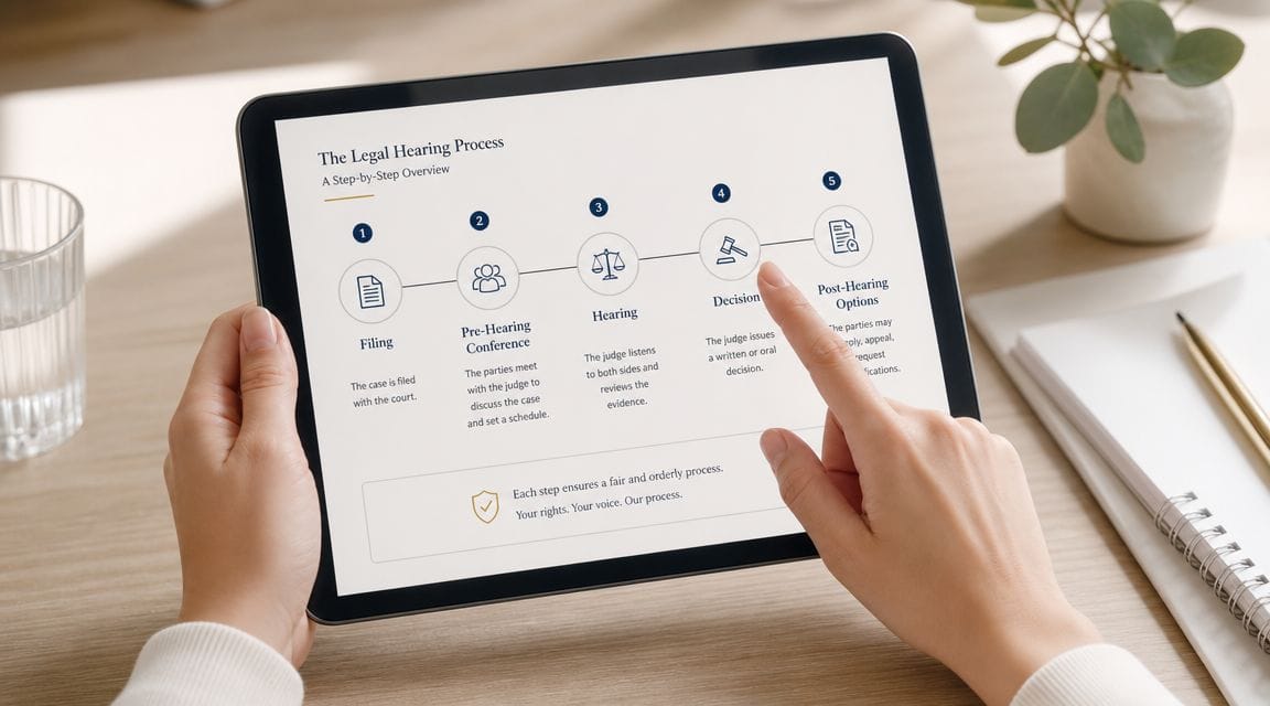 A person viewing a step-by-step legal hearing process infographic on a tablet screen held in their hands.