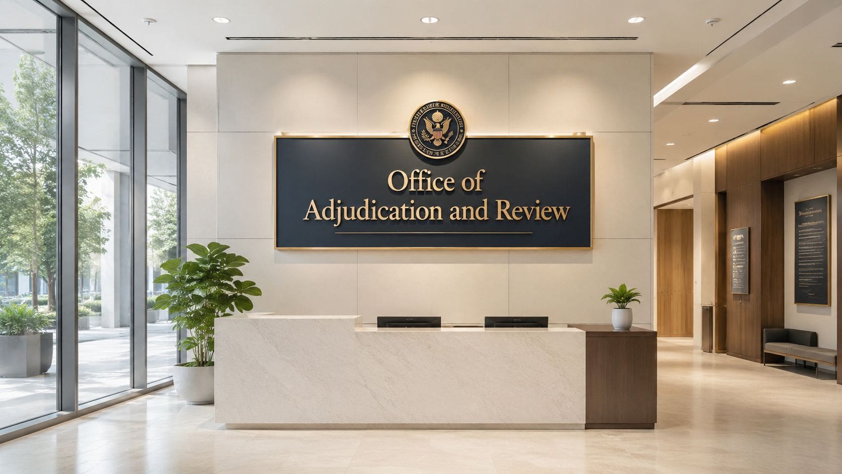 A modern, professional office lobby featuring a marble reception desk, a seal, and a sign reading Office of Adjudication and Review.
