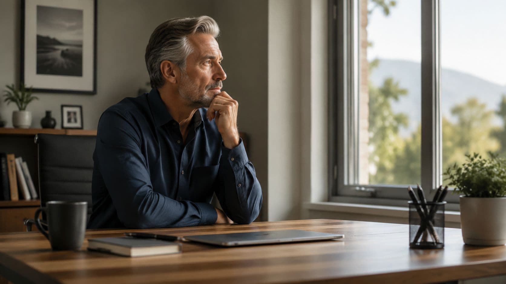 A contemplative middle-aged man in a professional setting looking out the window while working at his desk.