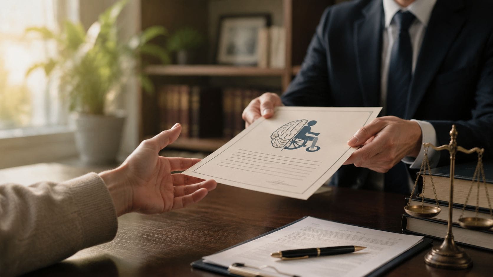 A professional lawyer hands a legal document with a brain and wheelchair icon to a client.