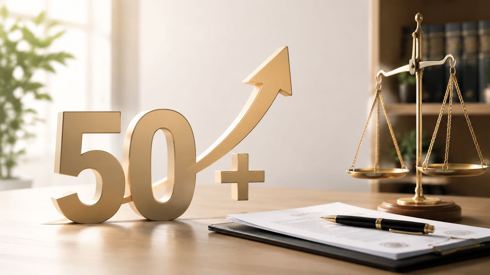 A gold 50 plus sign with an upward arrow next to legal scales and legal documents.