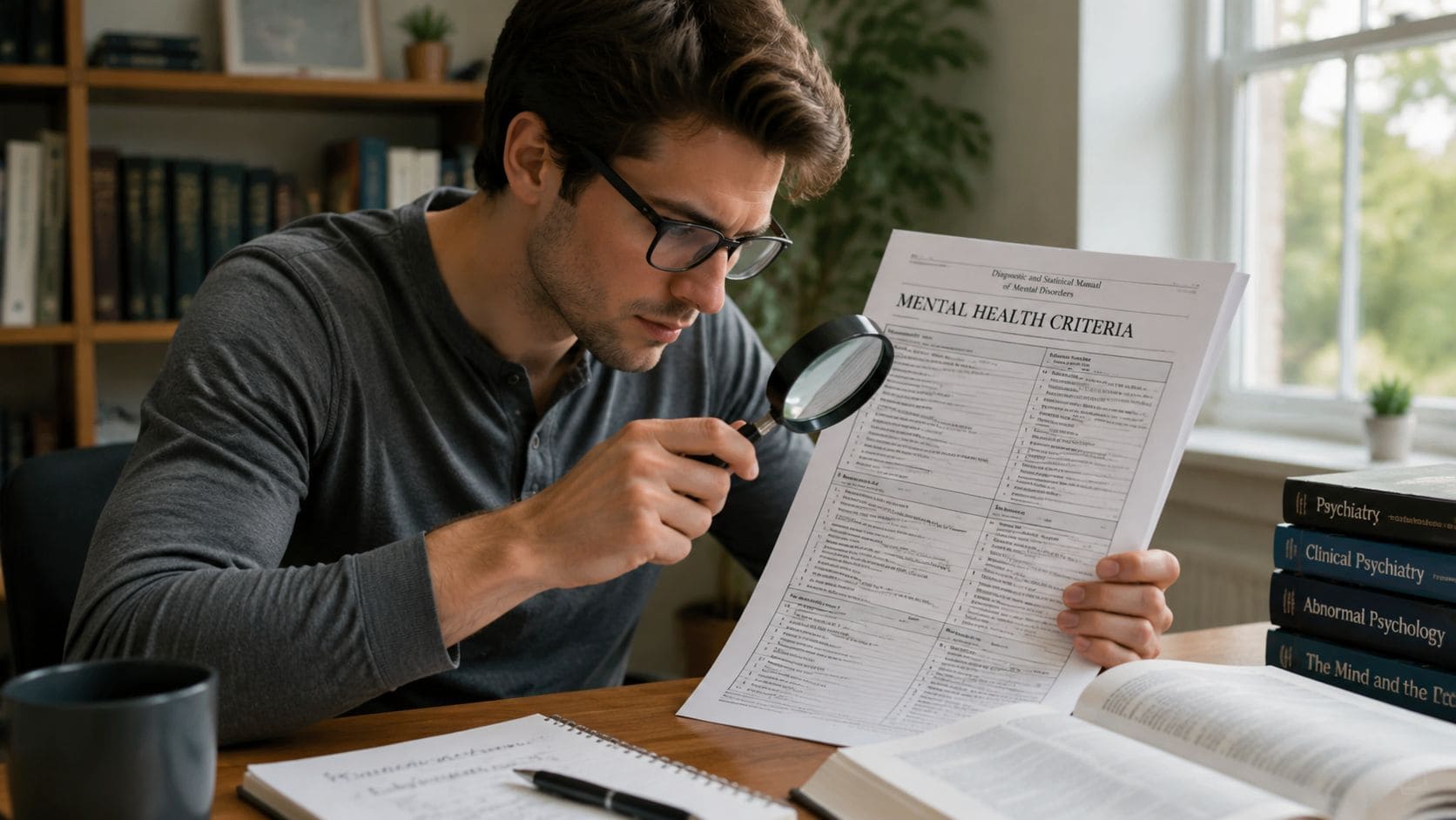 A focused man wearing glasses examines mental health criteria on a document using a magnifying glass.
