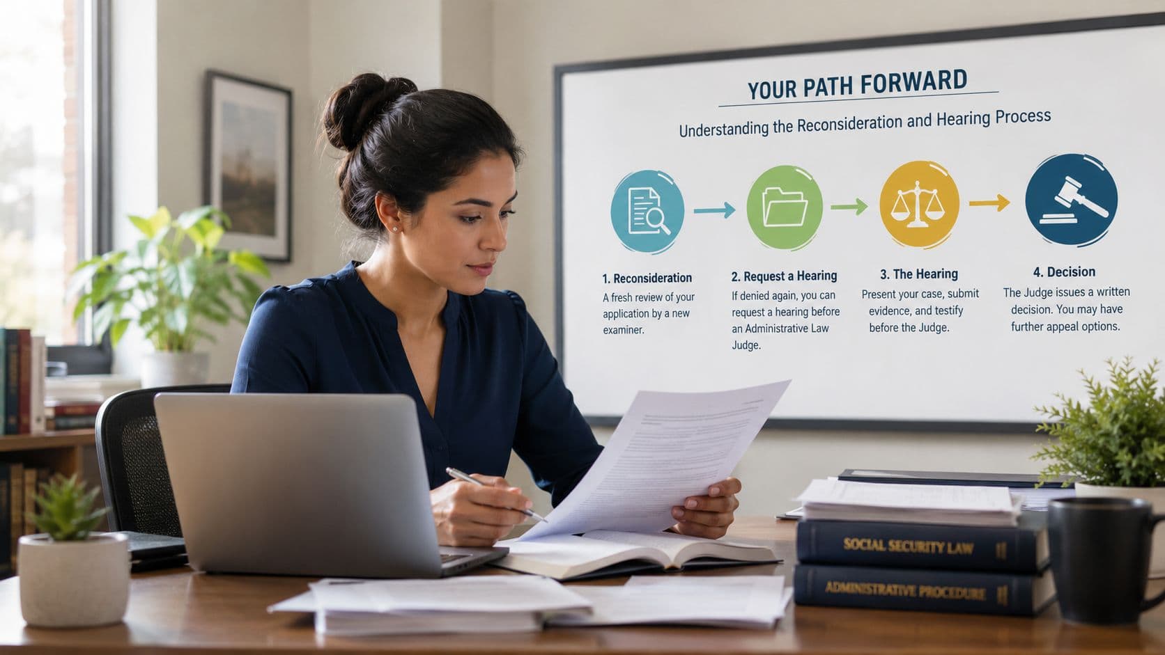 A professional woman reviewing documents with an infographic on disability benefits appeal processes in the background.