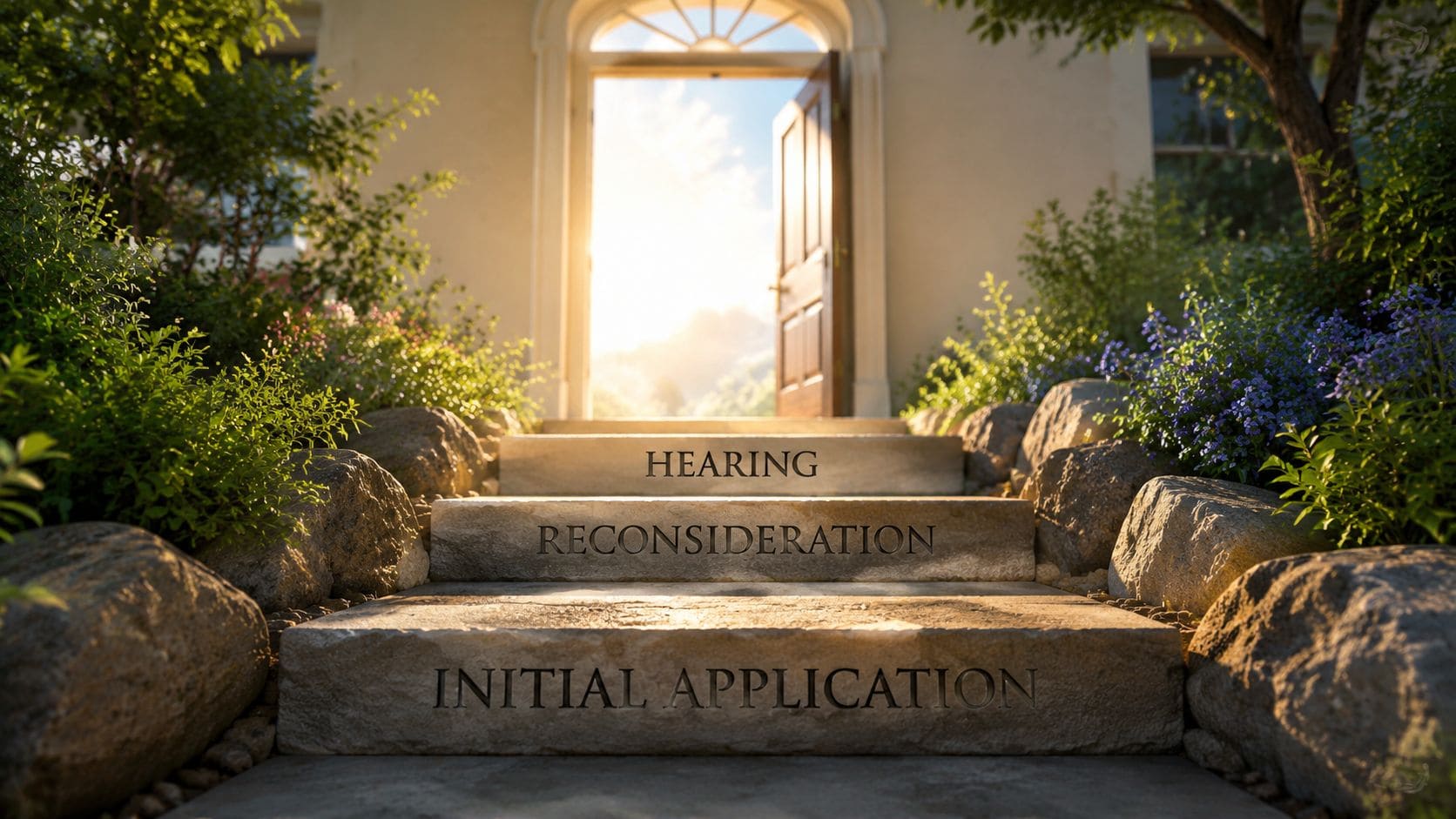 A stone staircase leading up to an open door with the text Initial Application, Reconsideration, and Hearing inscribed.