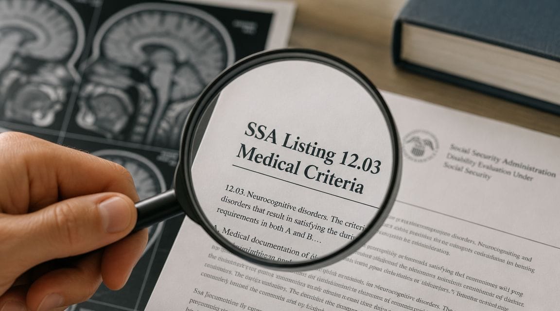 A hand holding a magnifying glass over a Social Security Administration medical criteria document regarding neurocognitive disorders.