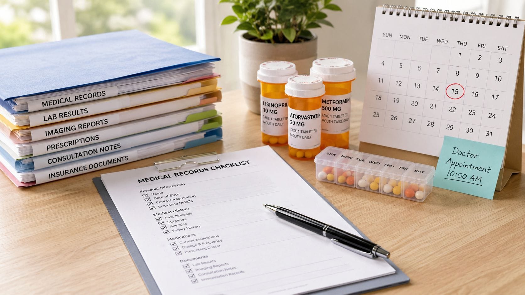 A medical records folder, prescription bottles, and a calendar with a doctor appointment marked on the desk.
