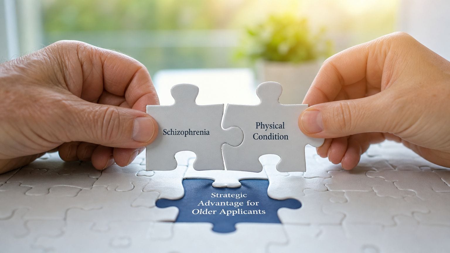 Two hands holding puzzle pieces labeled Schizophrenia and Physical Condition above a piece labeled Strategic Advantage for Older Applicants.