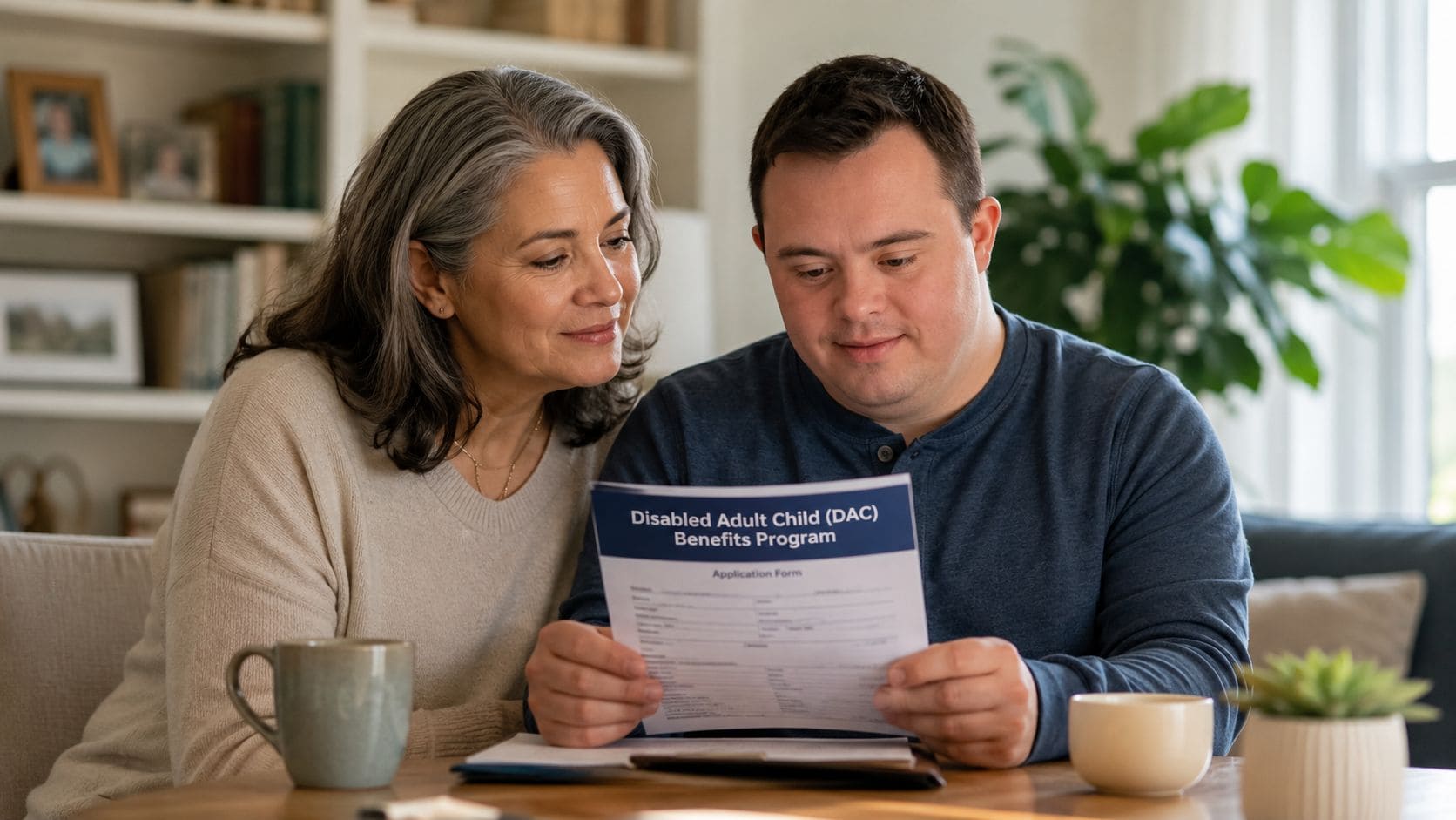 A middle-aged woman sitting with her adult son while he reviews a Disabled Adult Child benefits application form.