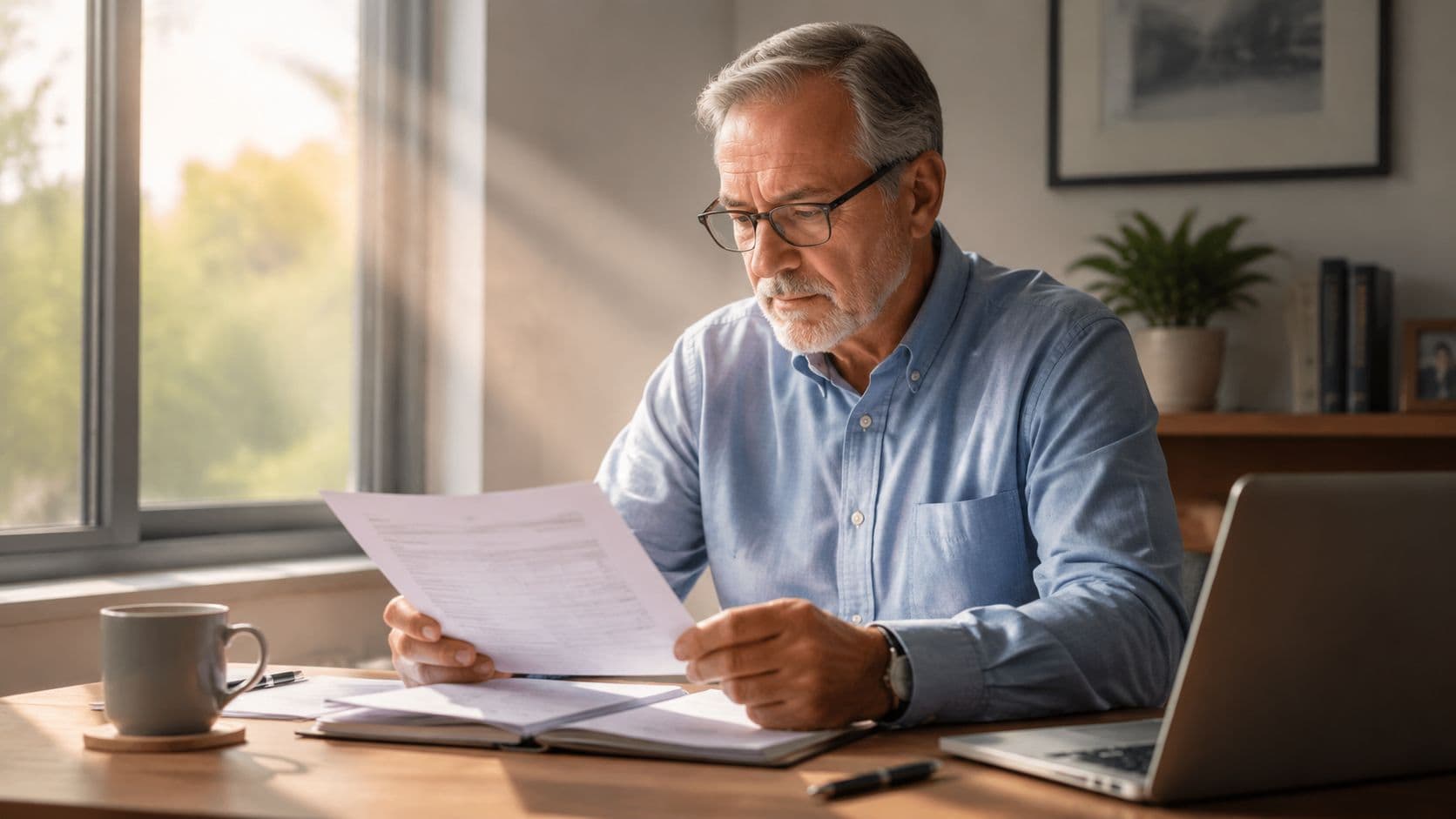 An elderly man wearing glasses reviews financial documents while sitting at his wooden desk by a window.