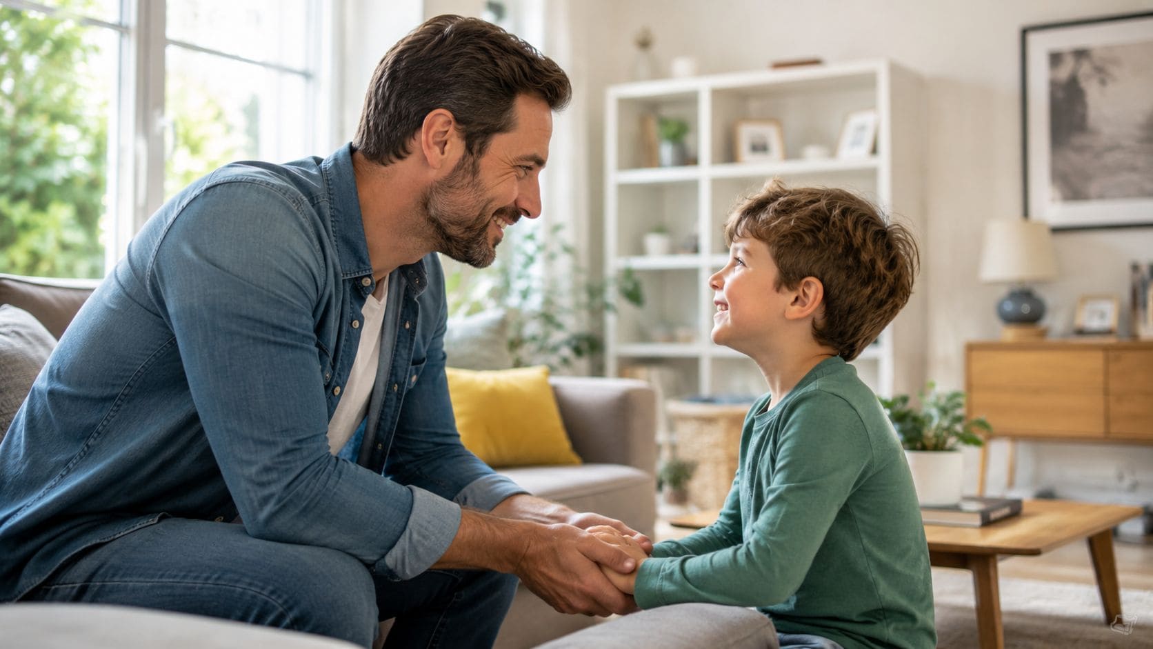 A father lovingly holding his young son's hands while they look at each other in their home.