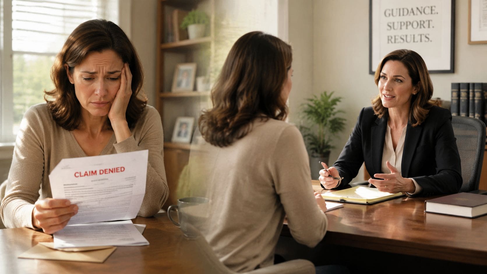 A woman looks distressed while holding a denied claim letter during a meeting with a professional advisor.