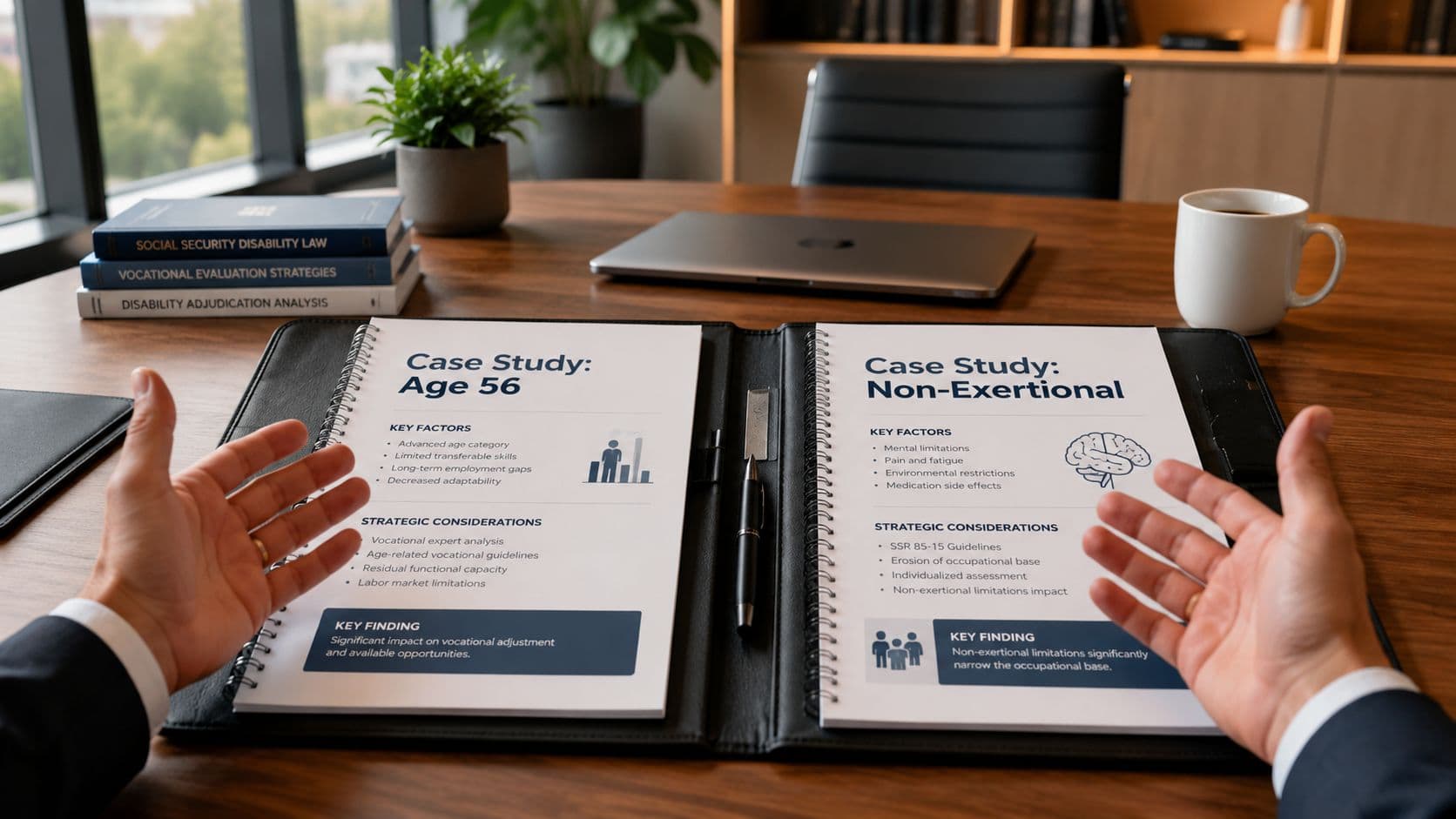 A professional analyzing social security disability case studies on Age 56 and Non-Exertional factors in an office.