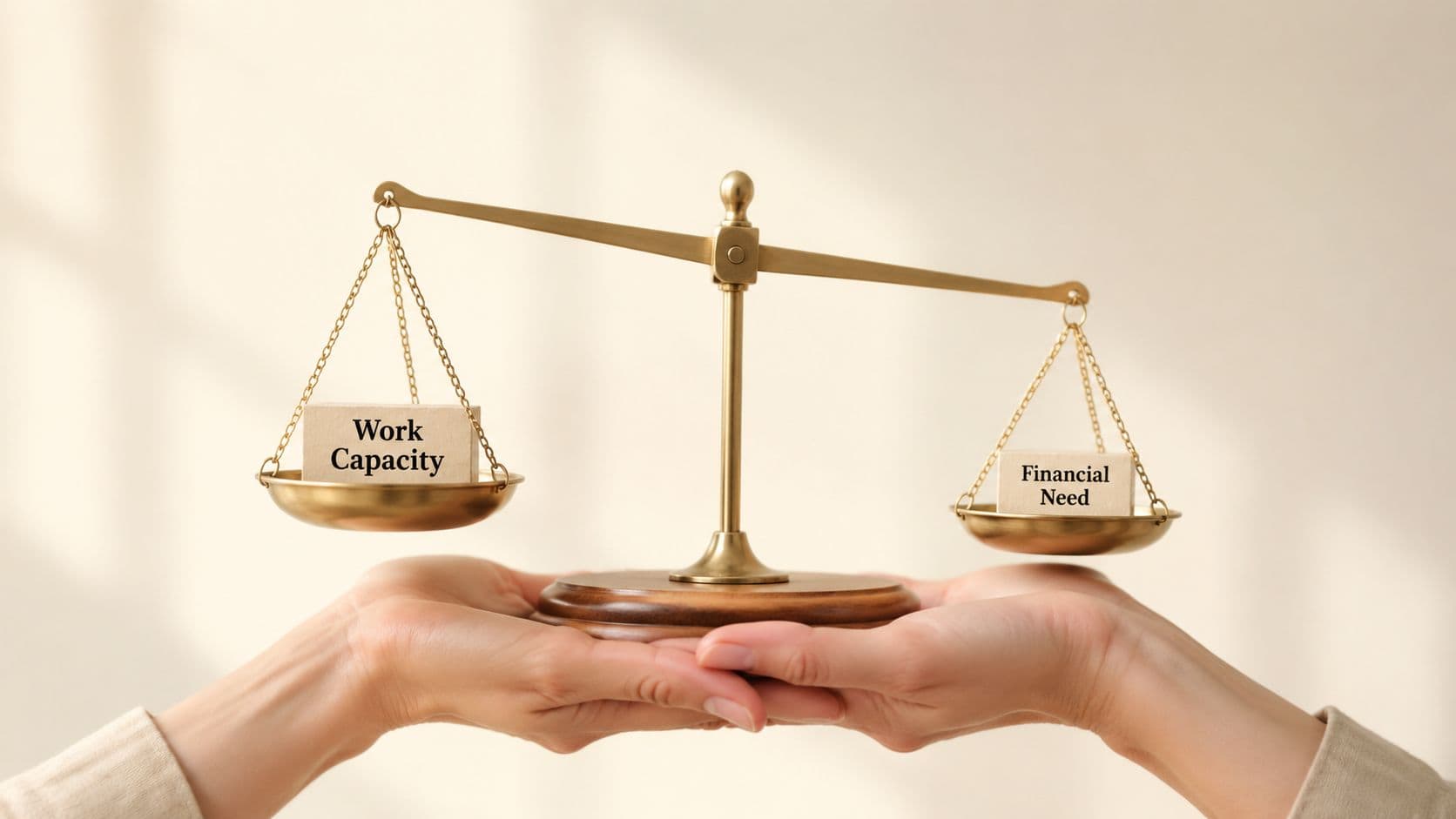A person holding a balanced scale representing the conceptual struggle between work capacity and financial need.