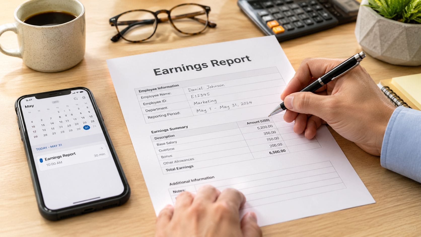 A person filling out a professional earnings report document while sitting at a desk with an office setup.