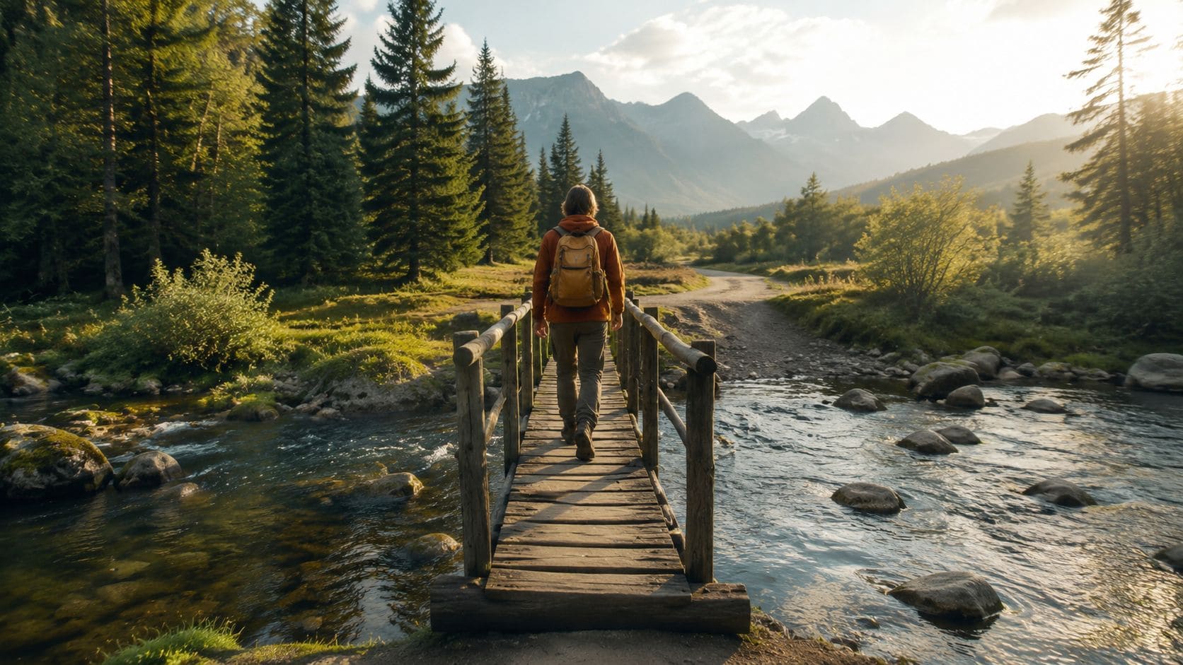 A hiker with a backpack walks across a wooden bridge over a stream in a mountainous landscape.