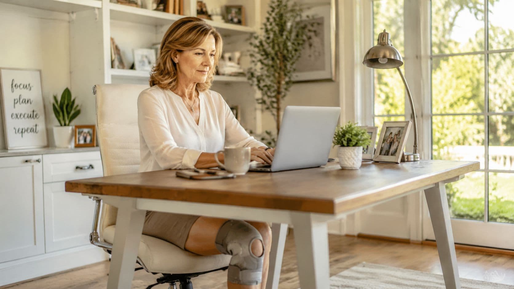 A professional woman working on a laptop at a bright home office desk while wearing a knee brace.