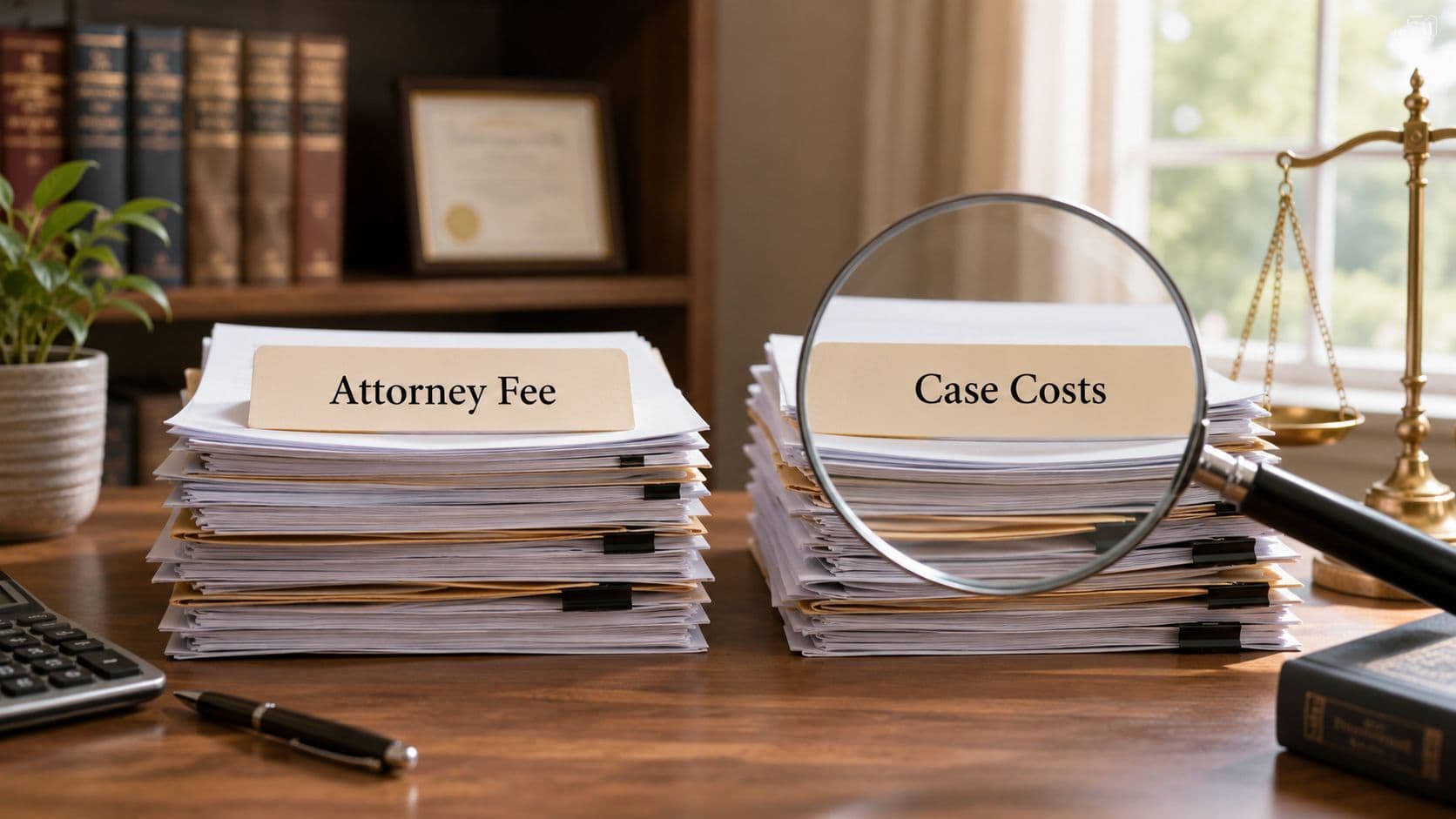 A wooden desk featuring two organized stacks of legal documents labeled Attorney Fee and Case Costs.
